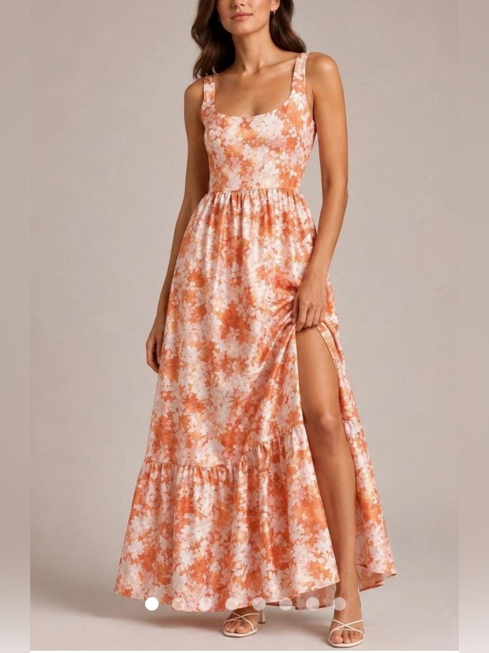 Hutch Beanie Orange Floral Jacquard Square-Neck Maxi Dress with Side Slit
